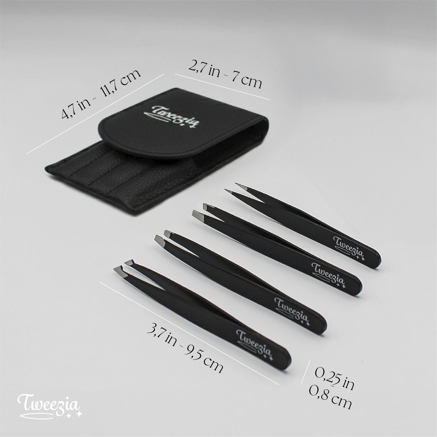 TWEEZIA Stainless Steel Tweezer Set - 4 Precision Tweezers with Mirror & Leather Case - Ideal Eyebrow Kit, Ingrown Hair Tweezers, Splinter Removal Kit or Pointed Tweezers for Beauty and Personal Care