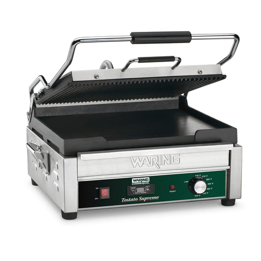 Waring Commercial WDG250T Tostato Supremo Ribbed Top Plate and Flat Bottom Plate Large Surface Panini Grill, With 20 Minute Timer, 120 V, 1800W, 5-15 Phase Plug