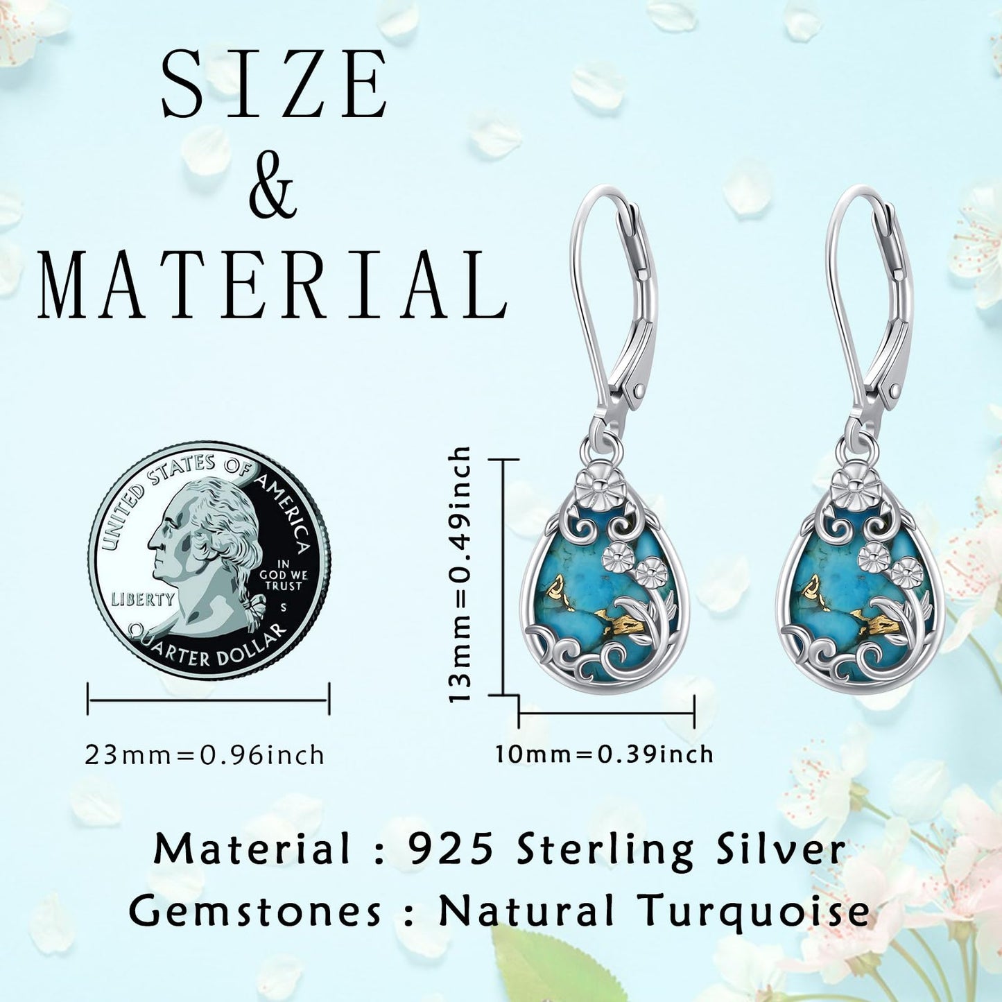 Eetaitai Natural Turquoise Earrings 925 Sterling Silver Pear Leverback Turquoise Earrings Blue Vintage Native American Western Jewelry Women Flower Dangling Earring Mothers Day Gifts for Mom Wife Sister