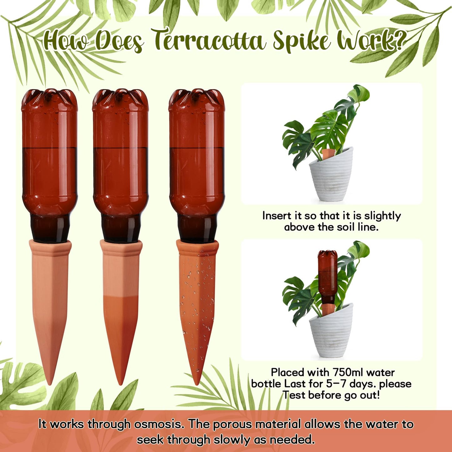 SiliFine 6 Sets Terracotta Self Watering Spikes with 26 oz Plastic Bottles, Plant Watering Devices Slow Release Vacation Insert Automatic Plant Watered Device