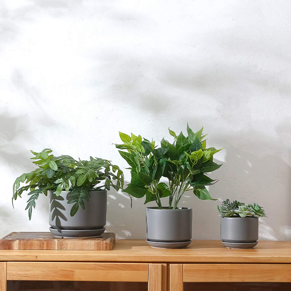Yishang Succulent Plant Pots,6.7+5.3+4.1 in Glazed Ceramic Planters with Connected Saucers, Round Modern Ceramic Flower pots - Small to Large Sized Plant pots for All House Plants(Matte Grey)