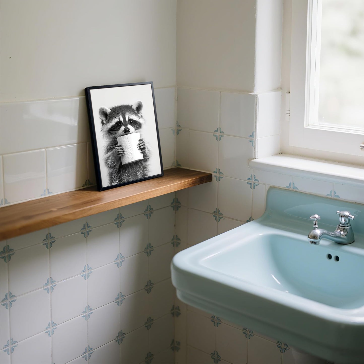 XYHYRA Bathroom Wall Art, Cute Black and White Raccoon Canvas Prints Poster, Funny Animal Decor Oil Painting, Modern Farmhouse Picture Artwork for Bathroom Toilet Wall Decor 8x10 Inch Framed