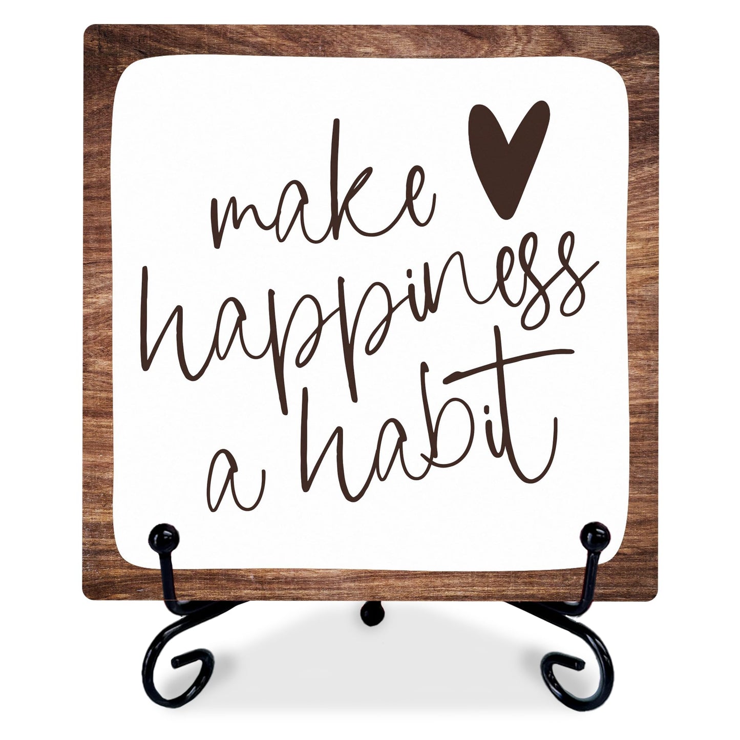 6" Inspirational Wood Decor Make Happiness A Habit Wooden Plaque Signs With 1 Metal Support Rustic Motivational Desk Décor For Home Office Bedroom Table Décor And Accessories - B02