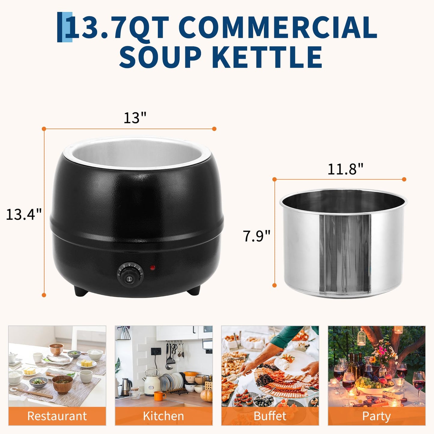 GarveeHome Soup Warmer, 13.7 Quarts Commercial Grade Soup Kettle with Hinged Lid and Detachable Stainless Steel Insert Pot, Food Warmer with Anti-Scald Handle for Restaurants, Buffet, Catering