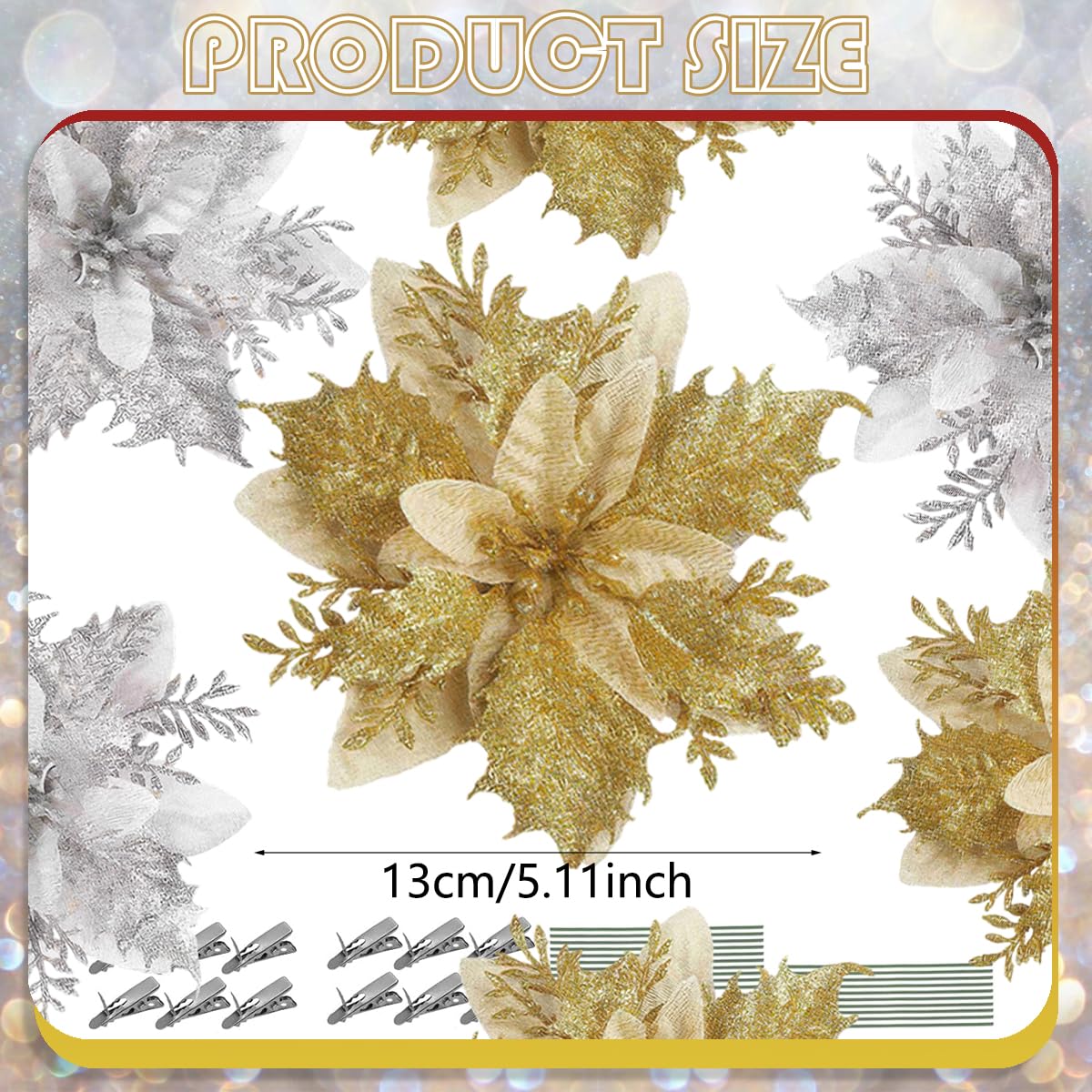 12 Pcs Christmas Glitter Poinsettia Flowers with Clips Stems Xmas Tree Wreaths Garland Decoration Ornaments Artificial Floral Picks Decor for DIY Wreath New Year Wedding Home Party (Gold Silver)