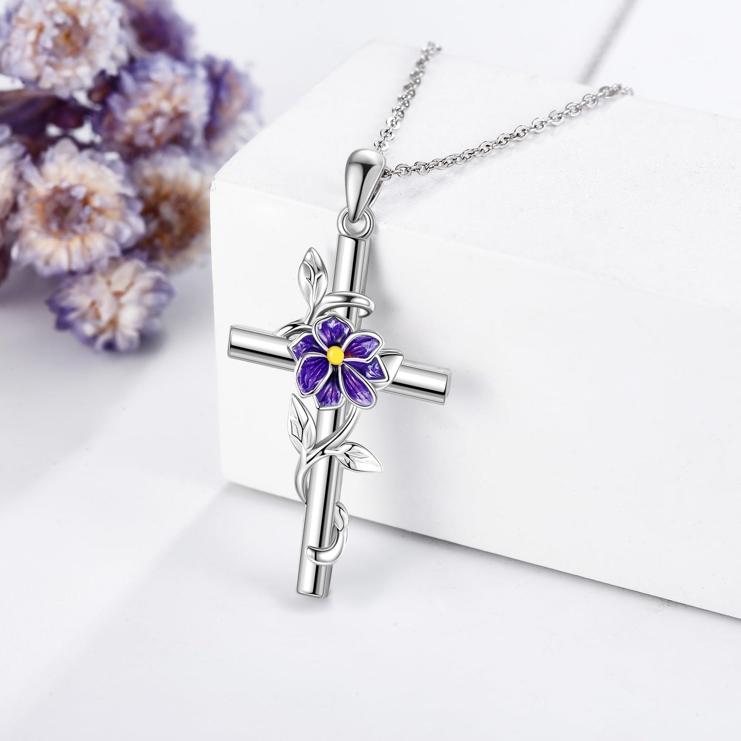 Larkspur Necklace 925 Sterling Silver Cross Larkspur Pendant Necklace July Birth Flower Jewelry for Women Gifts