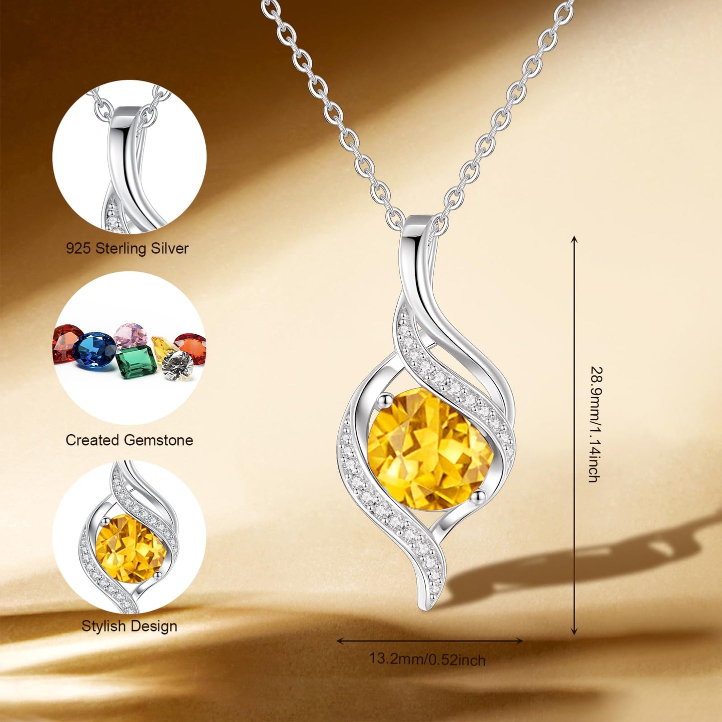 FANCIME November Birthstone Necklace for Women Round Citrine Necklace S925 Sterling Silver full Love Birthday Gifts for Mom Women, 16"+2" Inches