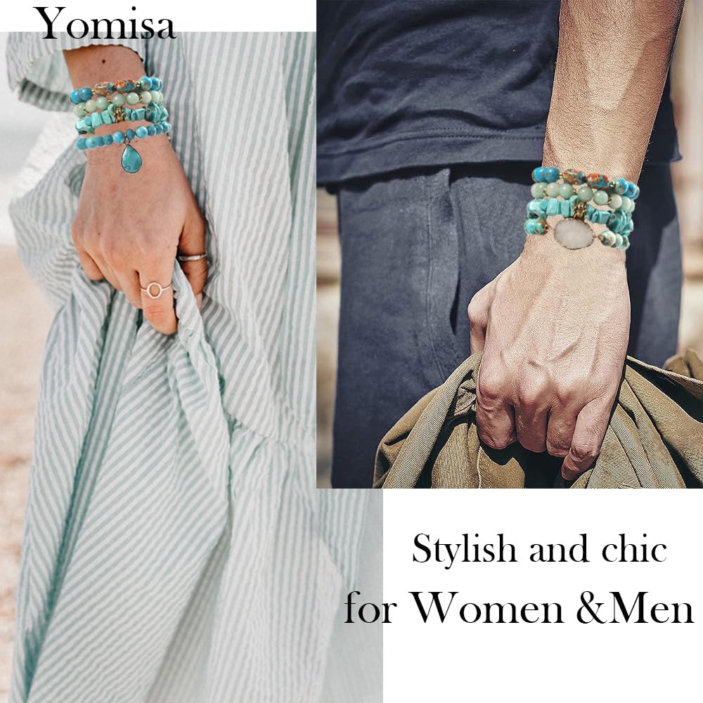 Yomisa 5PCS Natural Boho Beaded Bracelets for Women Men,Healing Turquoise Jasper Agate Crystal Gemstone Stone Diamond Chakra Multilayer Wrap Bohemian Handmade Jewelry Beads Stretch Bracelet Set