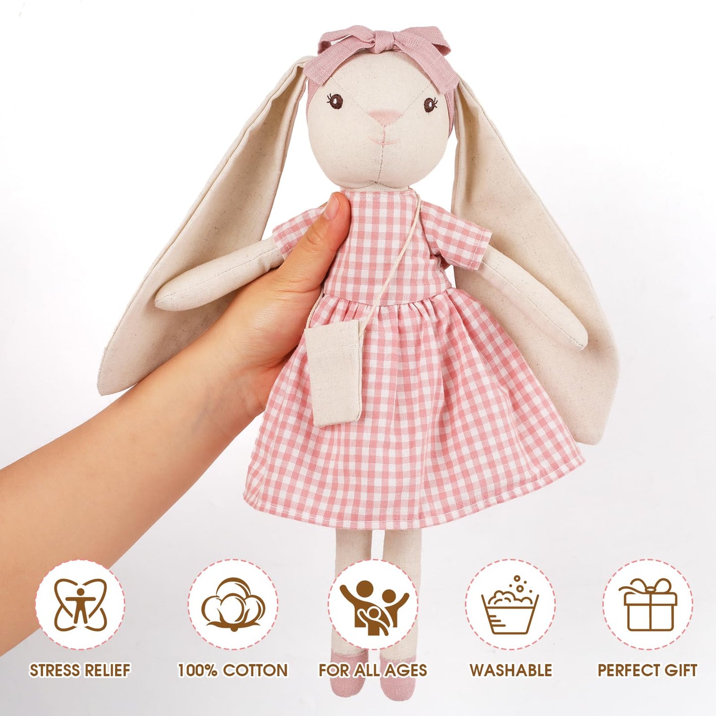 Mikee Fluffie 15" Bunny Stuffed Animal for Girls, Plush Toy Doll -Wearing Pink Plaid Dress,Cute Doll Set Dress Up for 3 4 5 Year Old Girl - Gift for Little Girl, Birthday, Easter,Christmas