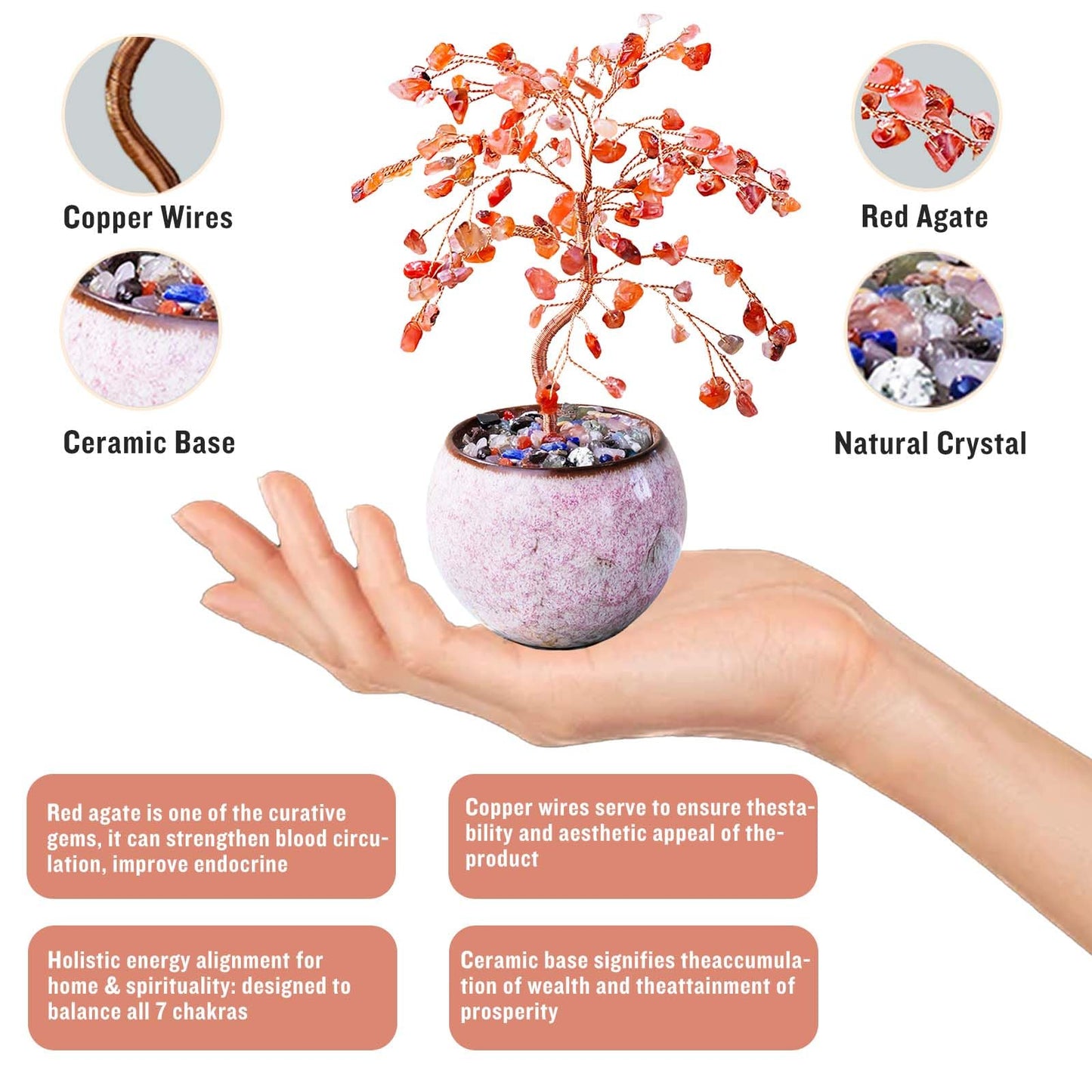Runyangshi Red Agate Crystal Tree of Life - 8" Large Natural Chakra Healing Crystal Tree, Bringing Money, Good Luck, Positive Energy for Home Decor, Feng Shui Gifts, Office Desk Ornament