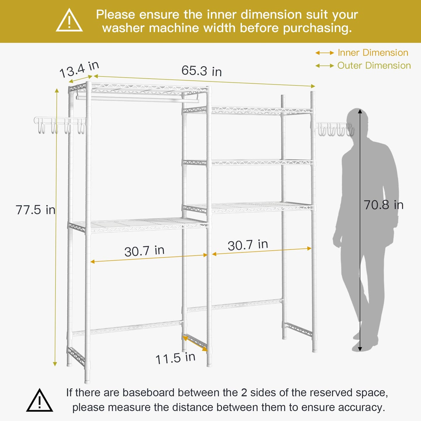 Ulif U6 Clothes Drying Rack, 5-Tier Over Washer and Dryer Laundry Room Storage and Organizer, Heavy-Duty Space Saver, 65.3" W x 13.4" D x 77.5" H, White