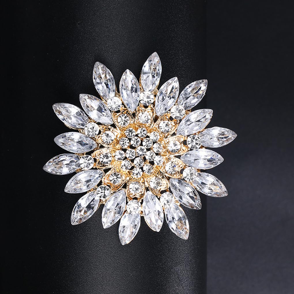 Rhinestone Large Flower Brooches Pins for Women Fashion Sparkly Crystal Sunflower Statement Brooch Wedding Party Suit Dress Formal Jewelry Accessories(White)