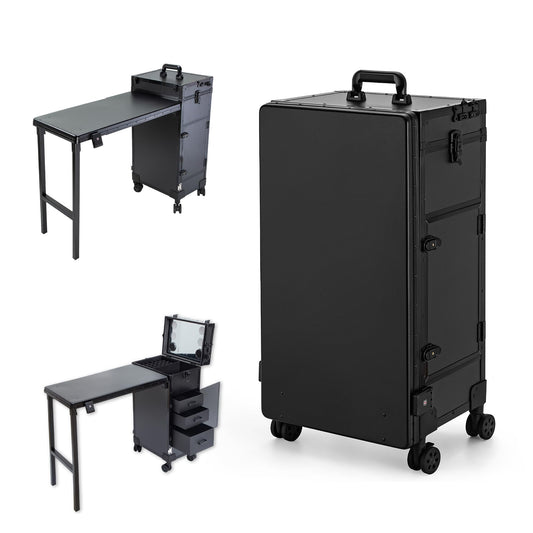 Gdsshuhung Rolling Manicure Table with LED Mirror, Foldable Nail Desk on Wheels with Drawers, Portable Mobile Workstation for Nail Technicians Travel (Black)