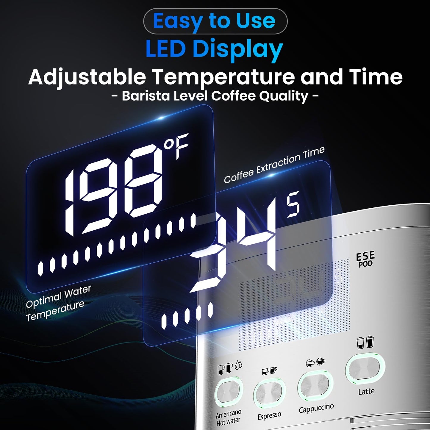 Espresso Machine 20 Bar Temperature Time LED Display Espresso Maker with Stepless Adjustable Automatic Milk Frother for Cappuccino Latte Americano Stainless Steel Coffee Machine with ESE Pod Filter