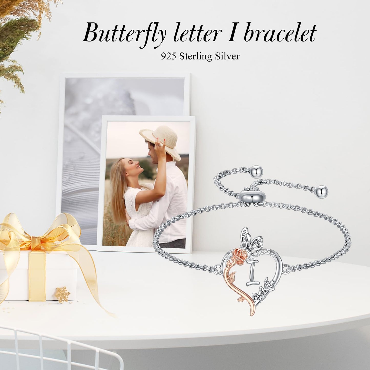 TOUPOP Rose Heart Bracelet for Women Sterling Silver Heart Initial I Letter Bracelet Butterfly Love Jewelry Anniversary Birthday Mothers Day Gifts for Mom Wife Her Girlfriend