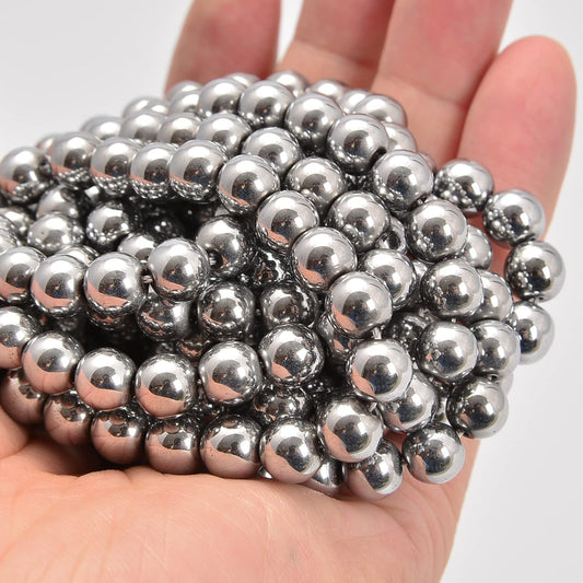 jodaying 10mm Silver Plated Hematite Smooth Round Natural Gematone Loose Beads for Jewelry Making DIY Findings 1 Strand 15"