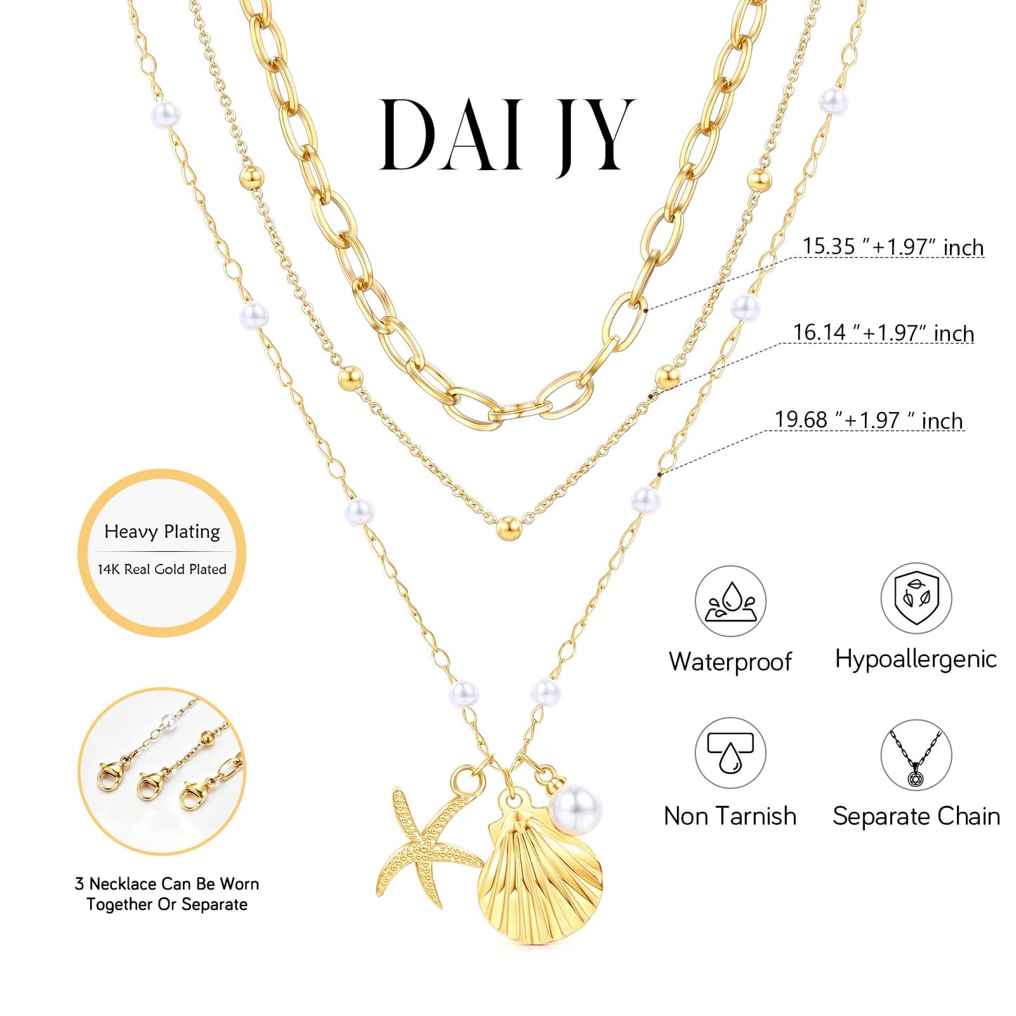 Seashell Necklace Beach Starfish Layered Necklaces for Women Non Tarnish Waterproof Gold Necklace Stack Dainty Paperclip Cute Shell Pearl Pendant Ocean Charm Trendy Summer Beach Vacation Jewelry Gift (3pcs Starfish&Shell&Pearl)