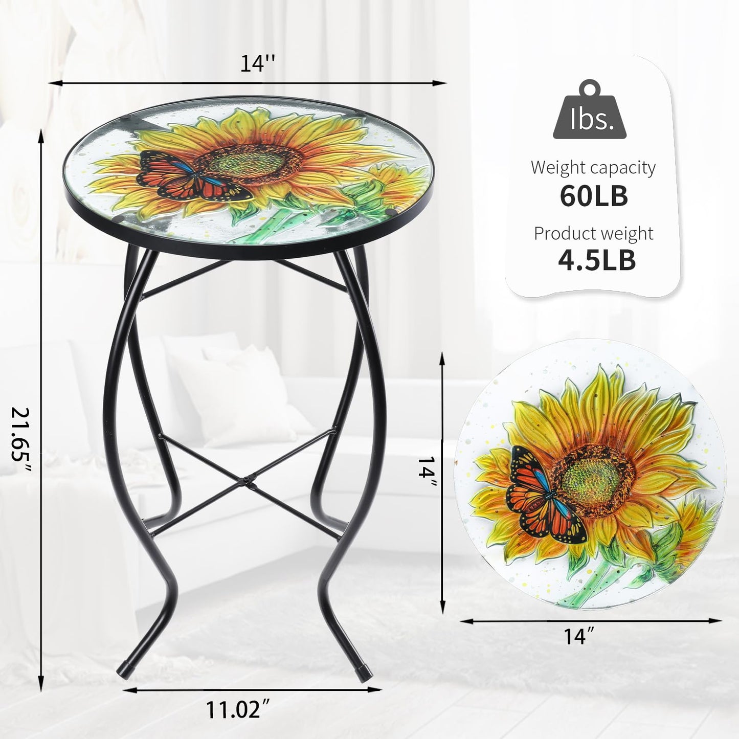 VCUTEKA Patio Side Table Outdoor Accent Table Bistro Coffee Table Plant End Table Small Porch Table Indoor Round Glass Balcony Plant Table Stands Sunflower 14''