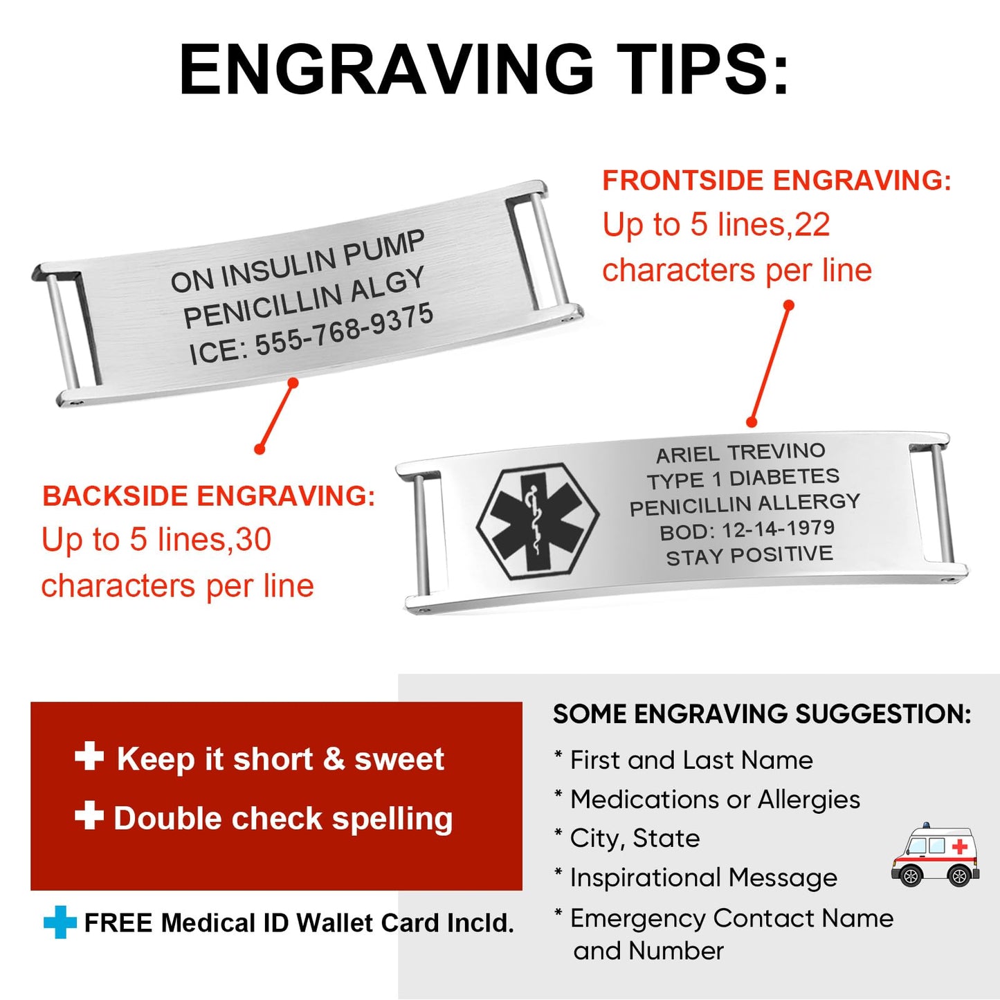 Free Custom Engraving Medical ID Bracelet Heavy Masculine Elaborate Men's Medical Alert Bracelet Wristband Jewelry for Dad Customizable & Waterproof,Silver