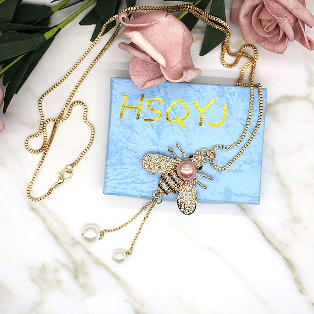 Honey Bee Necklace Crystal Insect Themed Bee Necklace Animal Fashion Shell Pearl Long Necklaces Gold Tone for Women Jewelry (light purple pearl necklace)