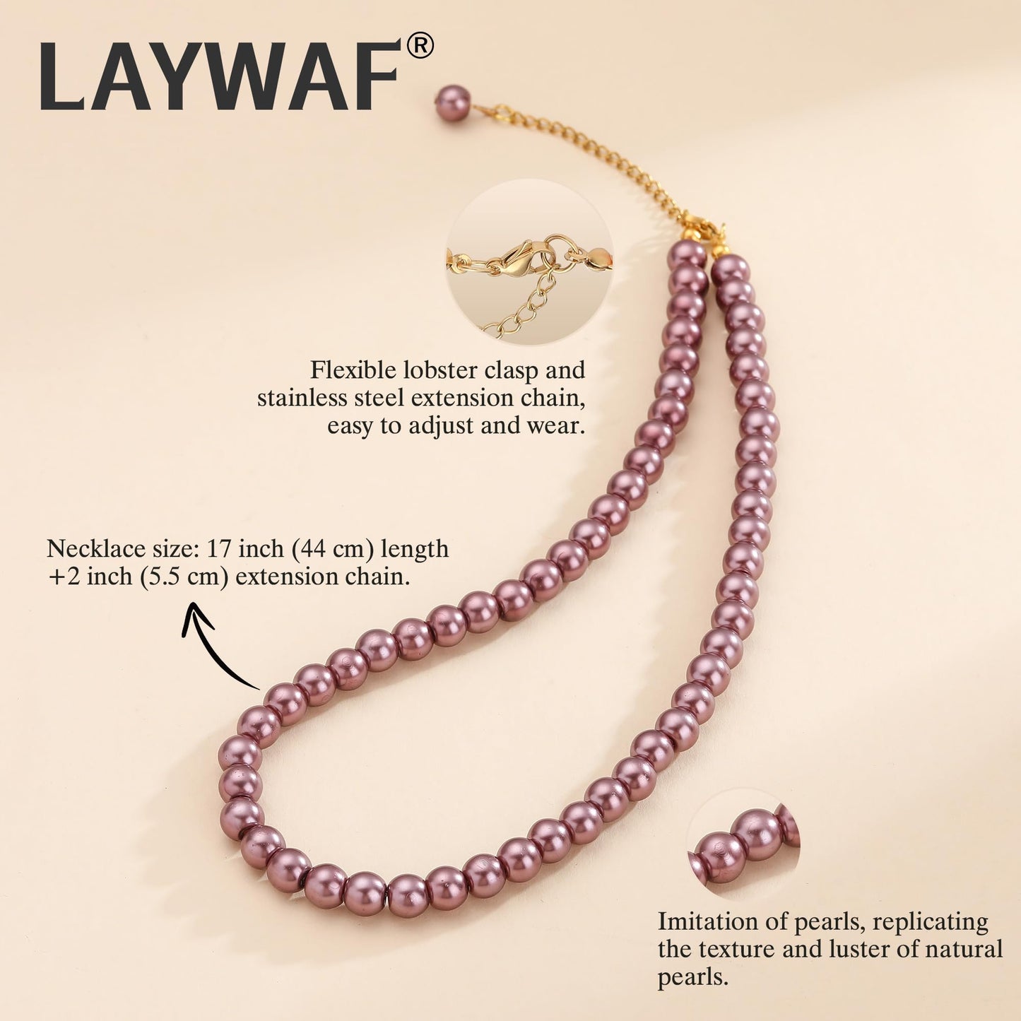 LAYWAF Imitation Pearl Necklace for Women, Fake Pearl Purple Choker, 8MM Beaded Necklace, Simple Dainty Faux Pearls Necklace Jewelry, Costume Pearl Accessories