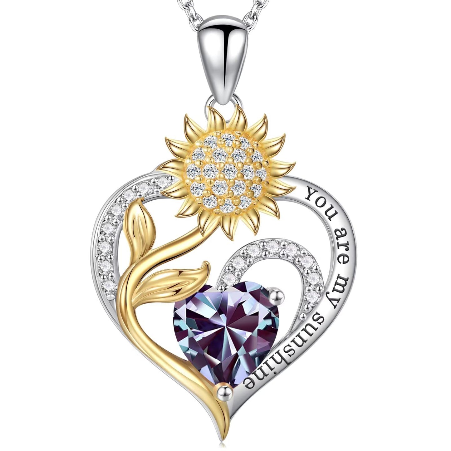 Iefil Sunflower Gifts for Women, Sunflower Necklace, Anniversary Birthday Gifts for Wife, June Lab-Created Alexandrite Necklace, Jewelry for Women Wife Mom