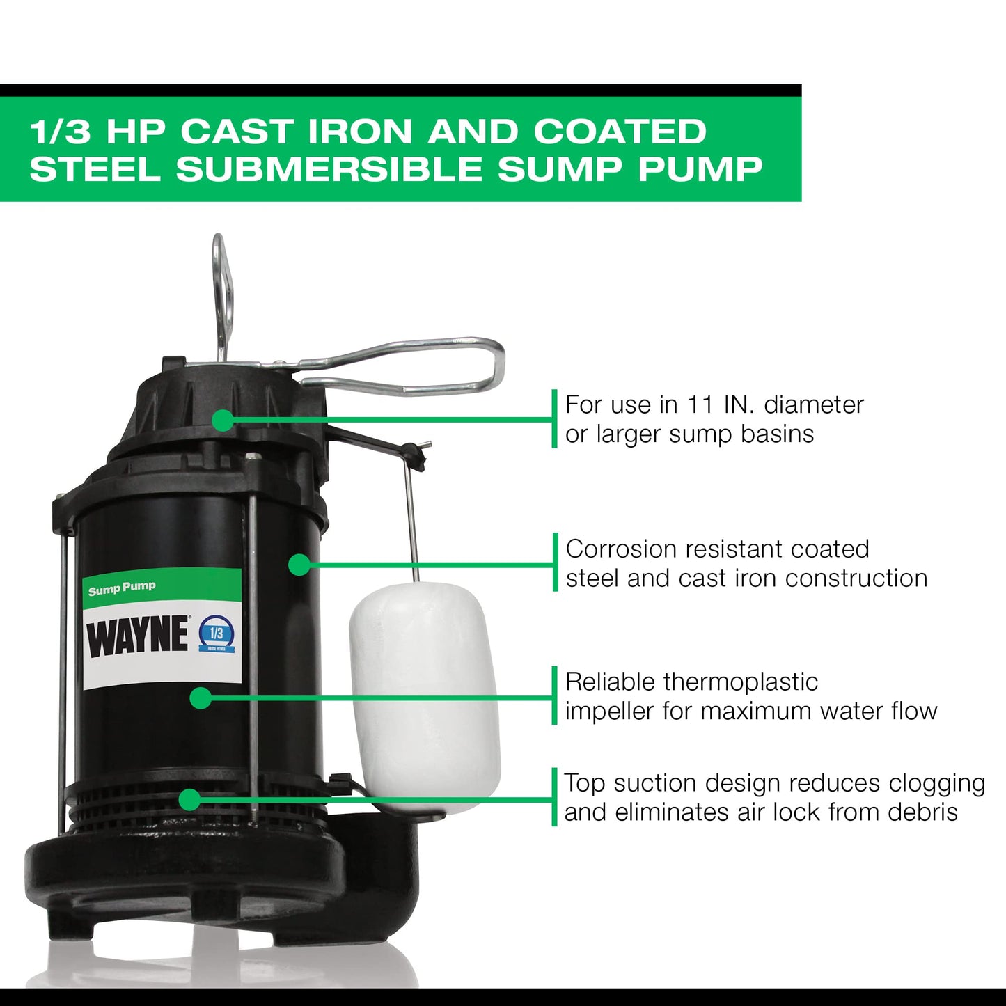 WAYNE CDU790-1/3 HP Submersible Cast Iron and Stainless Steel Sump Pump with Integrated Vertical Float Switch - Up to 4,600 Gallons Per Hour - Heavy Duty Basement Sump Pump, Black