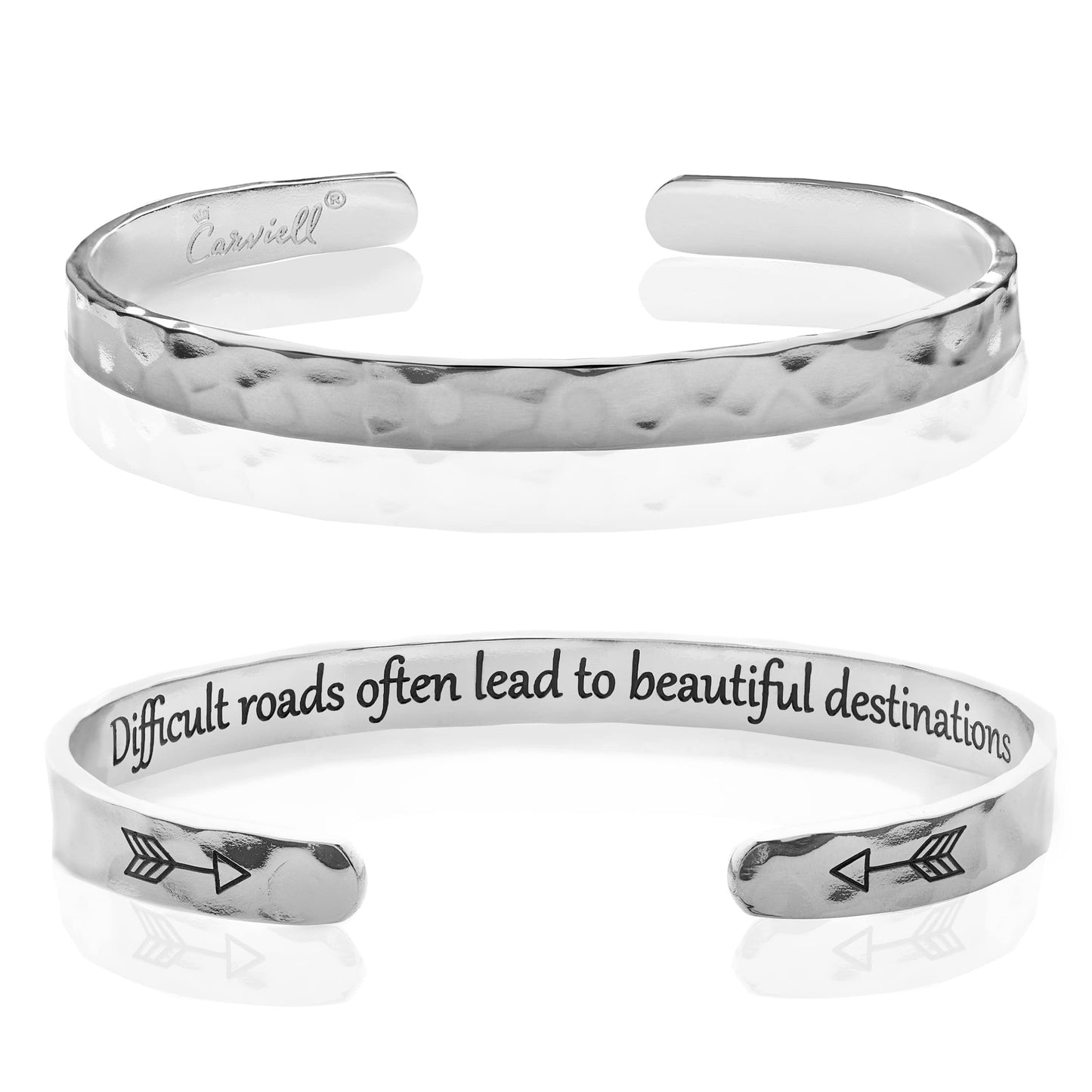 Carviell Hammered Motivational Bracelet Difficult Roads Often Lead to Beautiful Destinations, Inspirational Jewelry Gifts for Women, Encouraging Strength Gift for Depression, Sick, in the Hospital