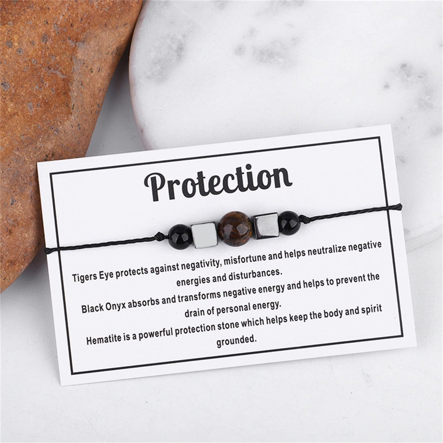 Multistyle Healing Crystal Stone Bead Strand Card Bracelets Handmade Adjustable Wax Rope Yoga Amethyst Tigereye Chakra Bracelets for Women Men Meditation Relax Anxiety Jewelry Gift (Protection)
