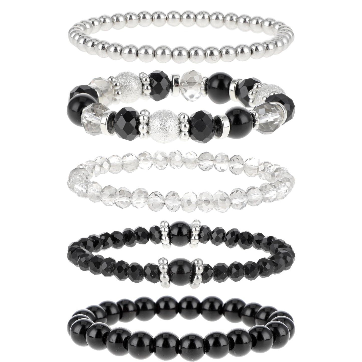 5 Pcs Beaded Stretch Bracelets Black Stackable Bracelets Crystal Bead Bracelet Boho Beaded Bracelets Stretch Layering Crystal Stone Beaded Bracelets Trendy Costume Jewelry Gifts for Women