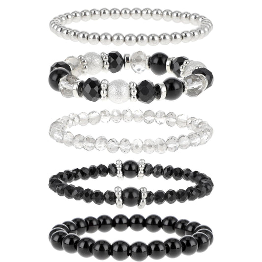 5 Pcs Beaded Stretch Bracelets Black Stackable Bracelets Crystal Bead Bracelet Boho Beaded Bracelets Stretch Layering Crystal Stone Beaded Bracelets Trendy Costume Jewelry Gifts for Women