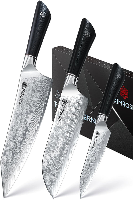 KIMROSE Damascus Knife Set - 3PCS - High-Carbon 10Cr15CoMoV Alloy Steel - Professional Chef Knife - G10 Handle - Razor Sharp Kitchen Knives - Magnetic Sheath - Gift Box
