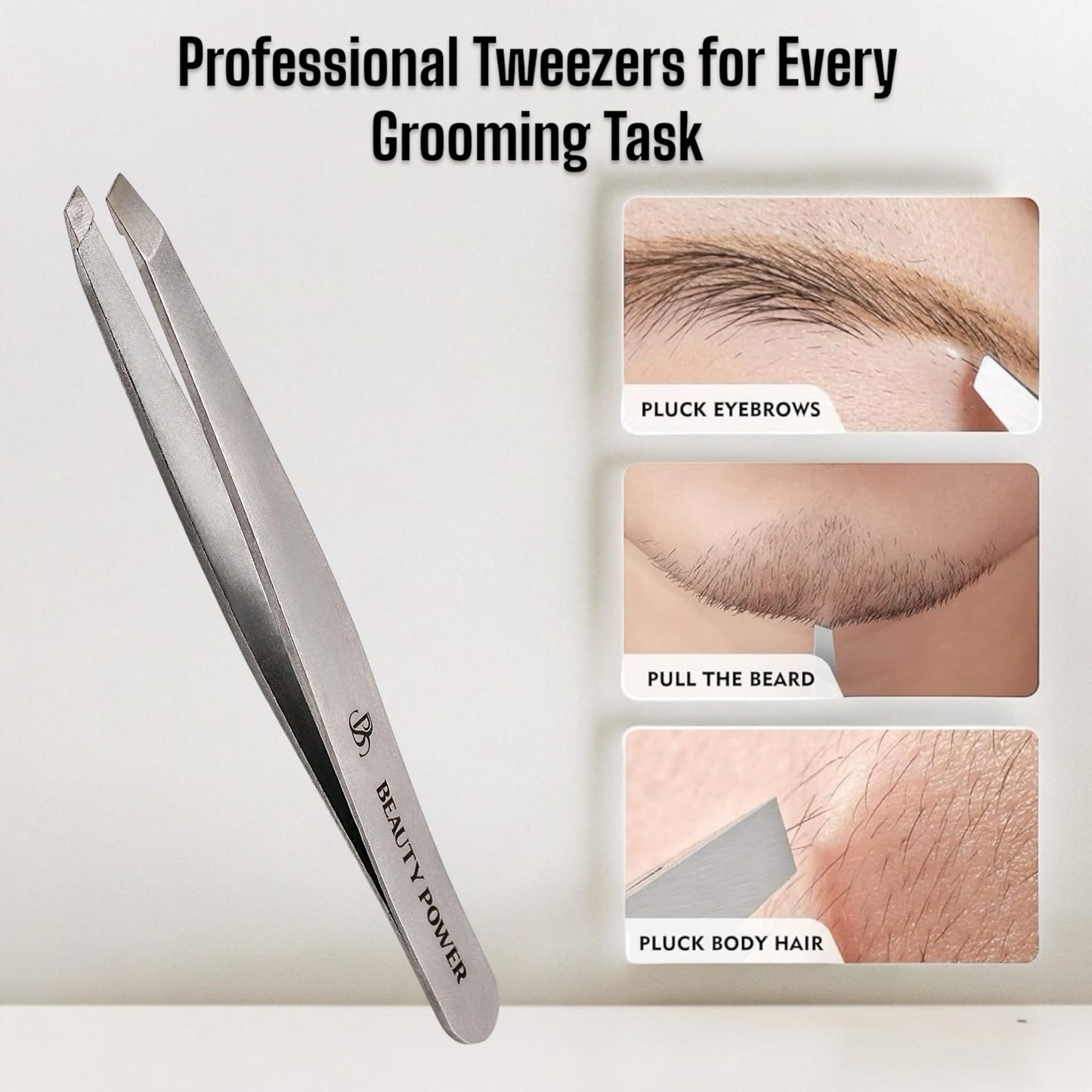 Beauty Power Slant Tip Precision Tweezers - Stainless Steel Eyebrow Tweezers for Women & Men - Precision Tweezers for Facial Hair, Ingrown Hair & Brow Shaping - Professional Beauty Tool (Grey)