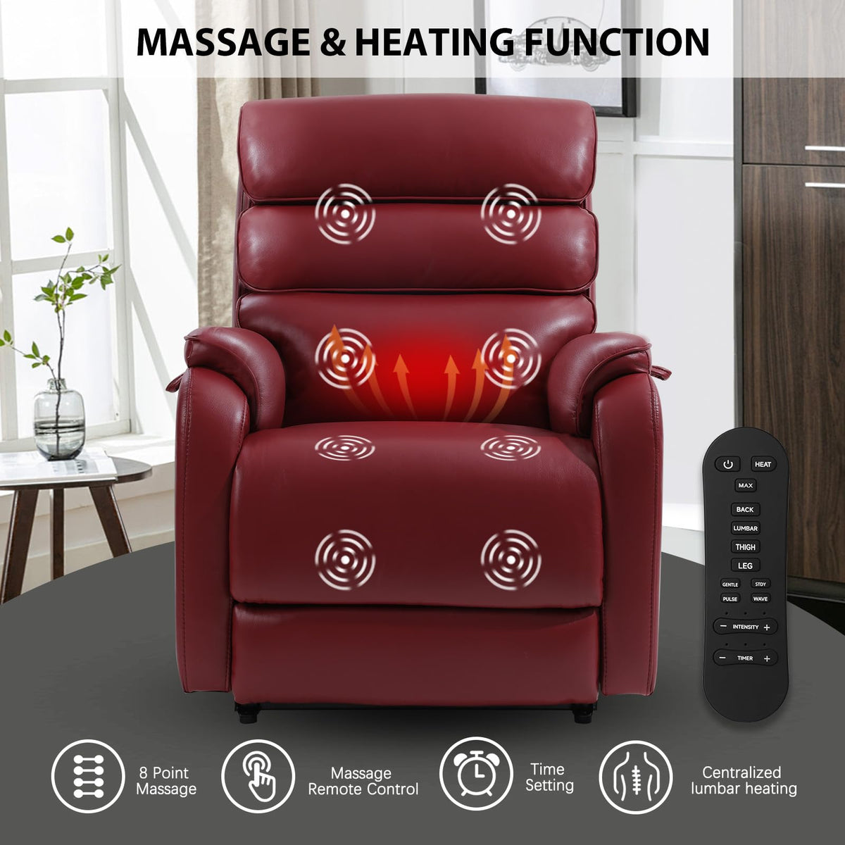 EONIX Dual Motor Lay Flat Power Lift Recliner Chair for Elderly, Breathable Faux Leather Electric Lift Chairs for Adults, 400lbs Heavy Duty Power Recliner with Heat and Massage, SLRY003061, Burgundy