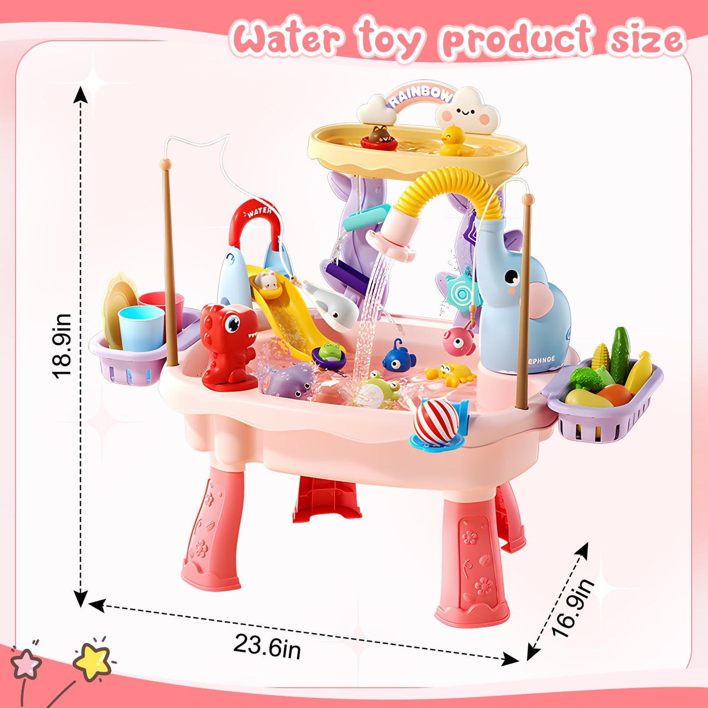 Poruary 2027 Upgraded Toddler Sand Water Table Toy with Electric Water Pump, Kids Sand Water with Faucet/Play Food Accessories/Fishing Toy, Kitchen Play Sink Toys for Girl Boy Age 3+ (Pink)