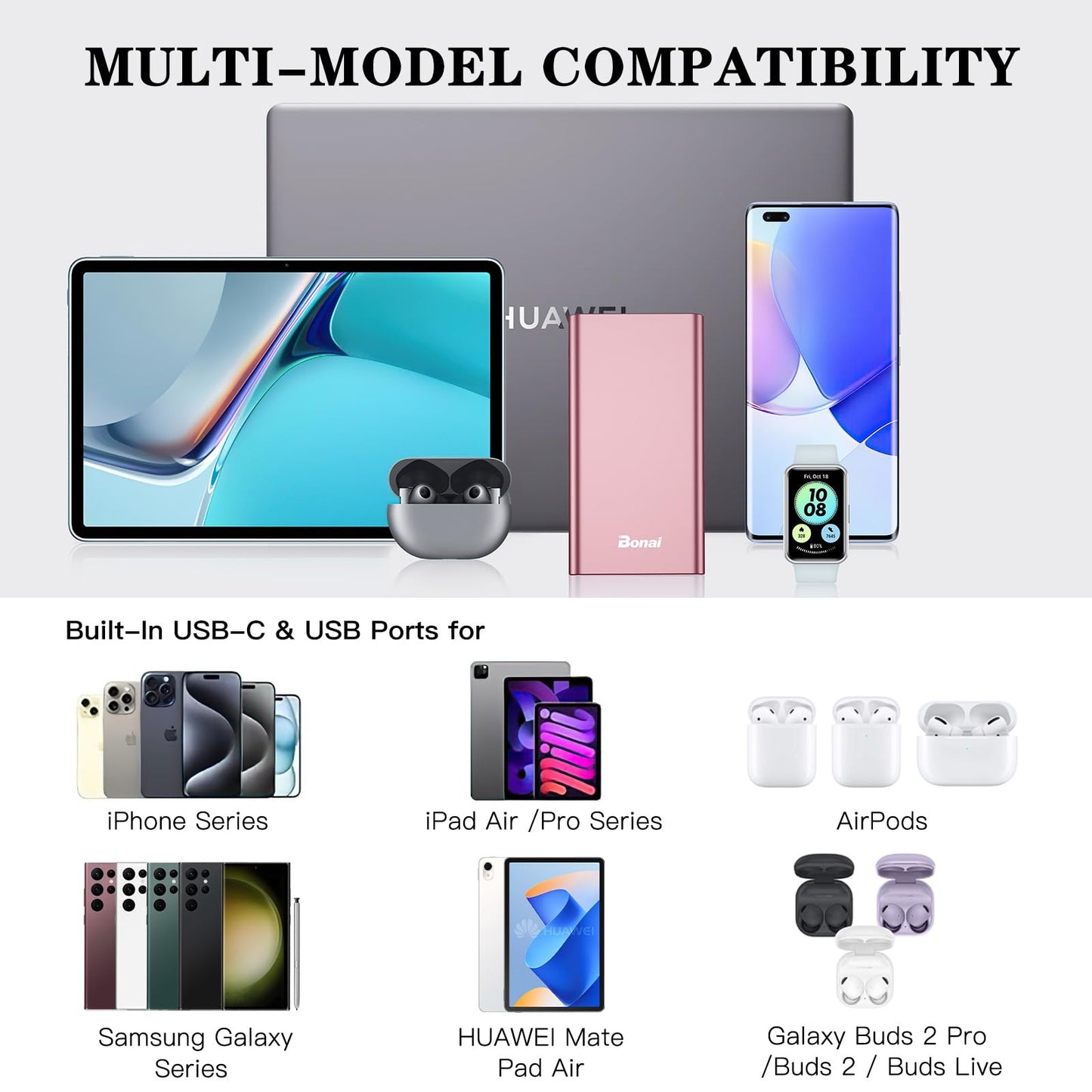 BONAI Portable Charger 12,000mAh 5V/3A Fast Charging Power Bank, Dural Input & Output Ports (USB-C in & Out) Portable Phone Charger for iPhone 17/16/15/14/13/12 Series Galxy Android iPad etc- Pink