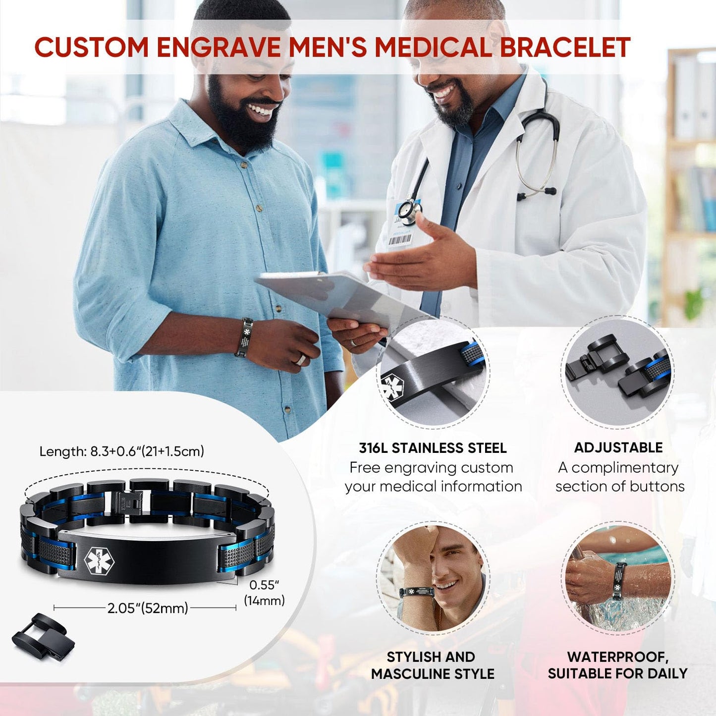 Free Custom Engraving Medical ID Bracelet 2-Tone Blue Black Titanium Steel Masculine Elaborate Men's Medical Alert Bracelet Wristband Jewelry for Dad Husband Customizable & Waterproof