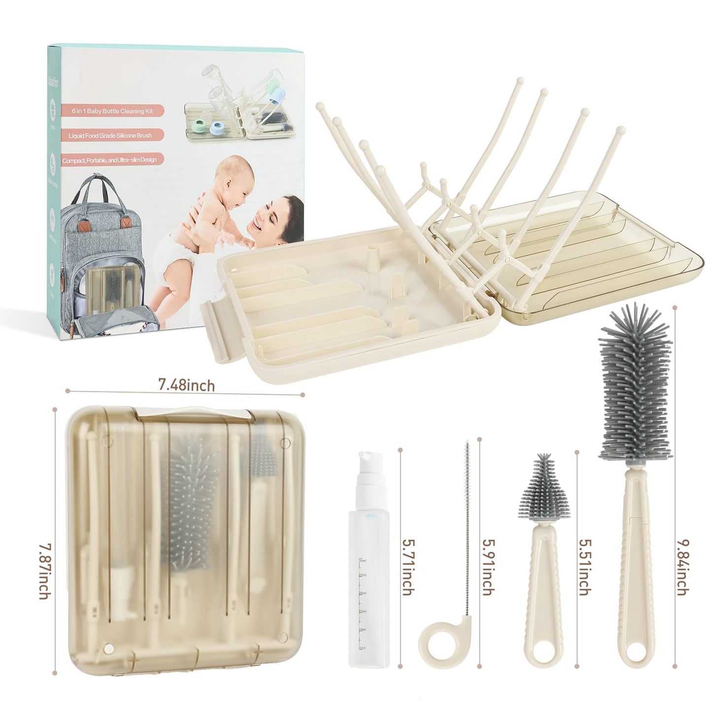 Baby Bottle Brush Set, 6-in-1 Travel Bottle Cleaning Kit with Silicone Bottle Brush, Nipple & Straw Brush, Soap Dispenser, Drying Rack, Storage Box – Compact Travel Baby Essential for Home & On-The-Go