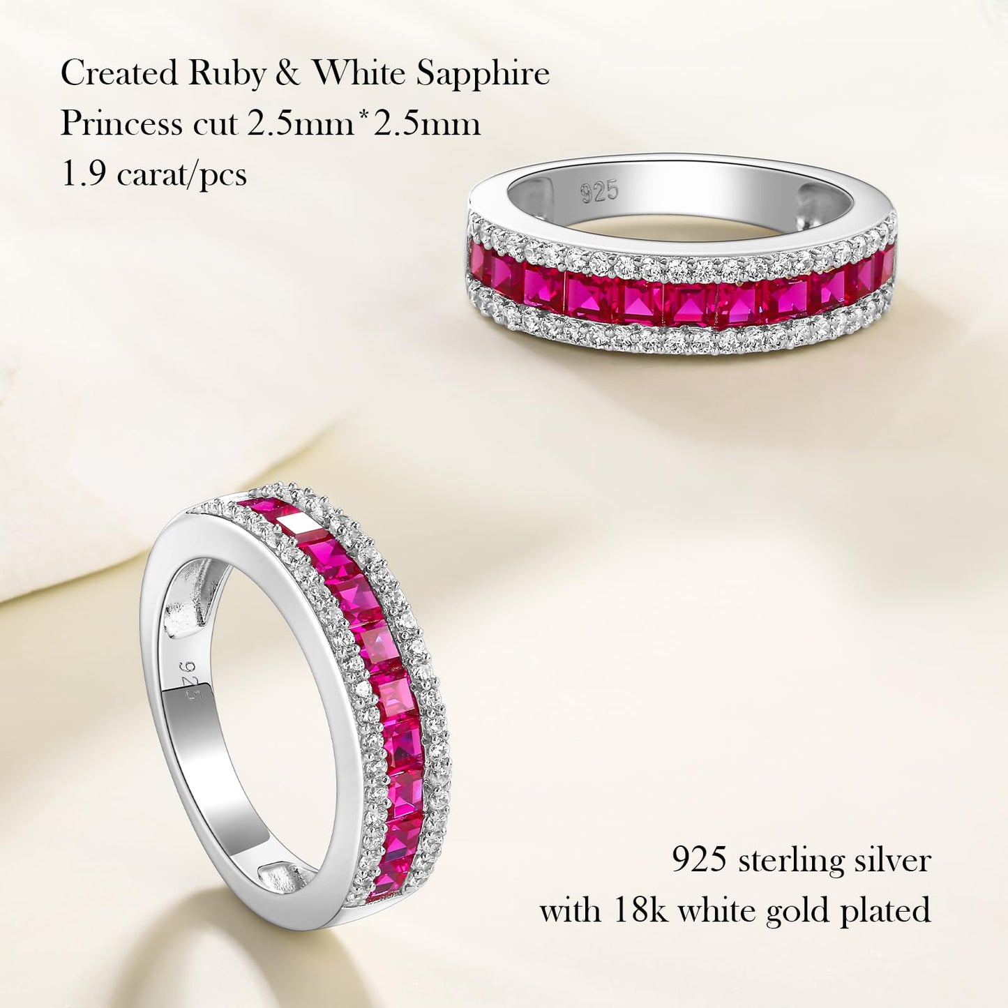 RANDES Anniversary Bands for Women 925 Sterling Silver Red Stone Ring 5mm Thick Channel Set Half Eternity Rings Ruby Birthstone Ring Size 10.5