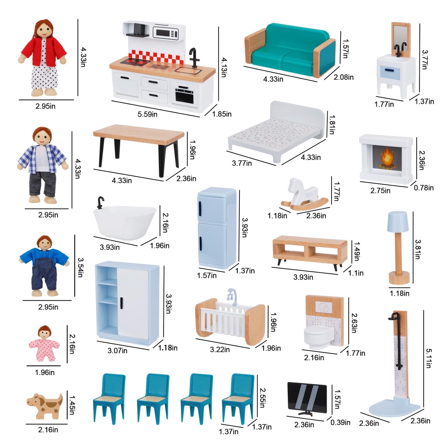 OOOK Wooden Dollhouse Furniture Set for Kids, 26 Pcs Dollhouse Accessories with 4 Family Dolls and Dog, Miniature Doll House Furniture Toys Pretend Play Set for G irls Boys Age 3+
