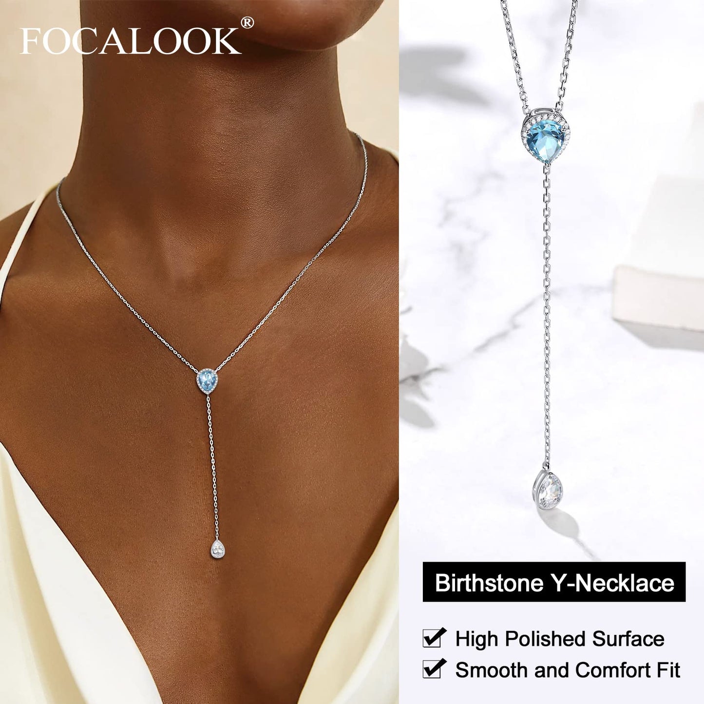 FOCALOOK Synthetic Aquamarine Pear Pendant March Birthstone Necklace for Women Mom Daughter 925 Sterling Silver Birth Gemstone Jewelry
