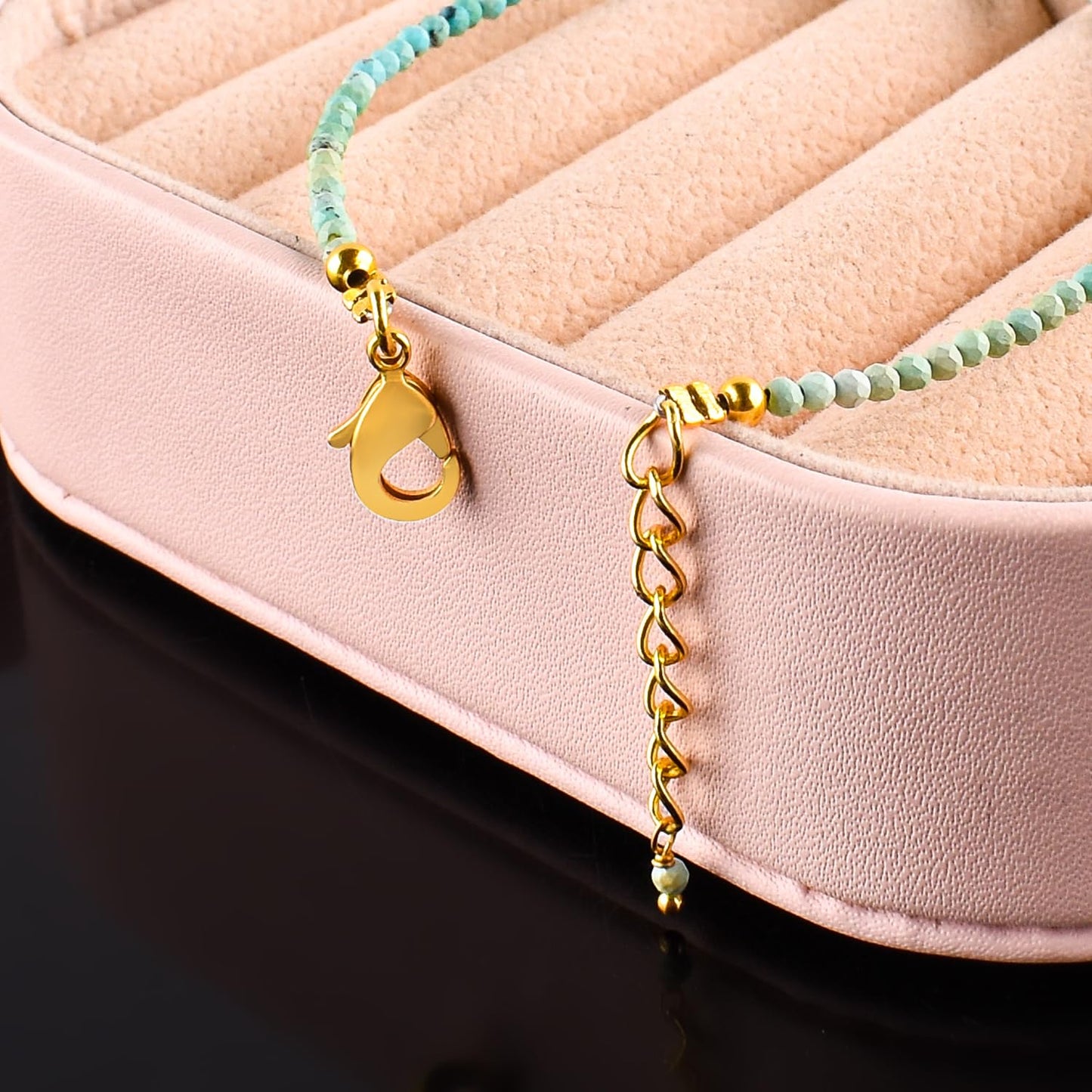 Natural Blue Turquoise Gemstone Micro Beads Dainty Bracelet Jewelry for Women, December Birthstone, Chakra Energy Crystals, 14k Gold Plated Chain 8 inch Adjustable