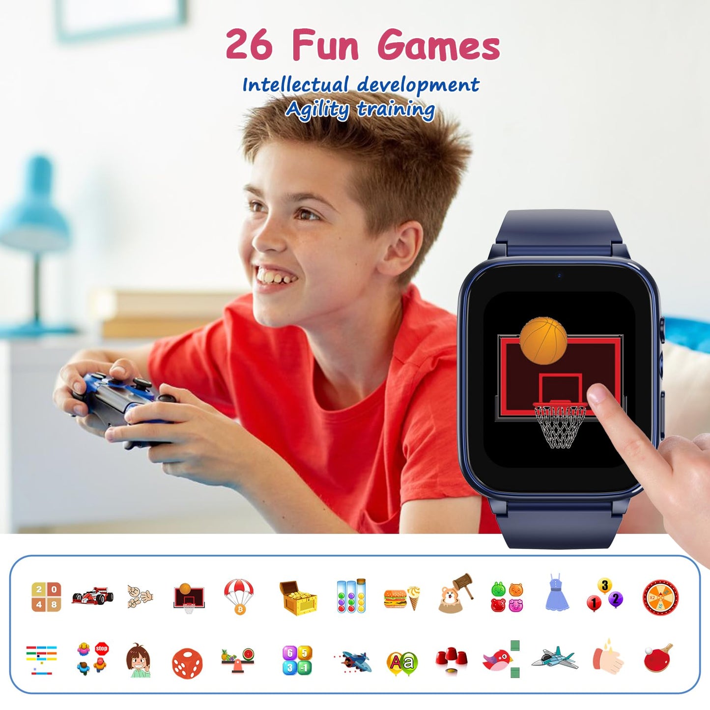 Goodatech 1.69'' Kids Smart Watch 4-12 Years Boys Girls, 26 Puzzle Games,HD Camera,Video Music Player,Pedometer,Flashlight,Alarm Clock,Learn Card,Audio Book,Smartwatch for Children Gifts (Blue)