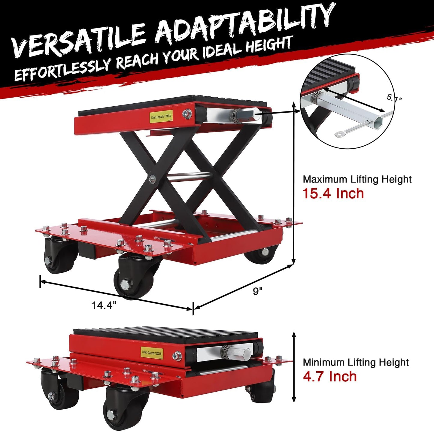 1200 LBS Motorcycle Lift Jack, 4.7"-15.4" Adjustable ATV Scissor Jack Table with Wheels & Hand Crank, Heavy Duty Center Hoist Stand for Cruiser, Dirt Bikes, Touring Motorcycles