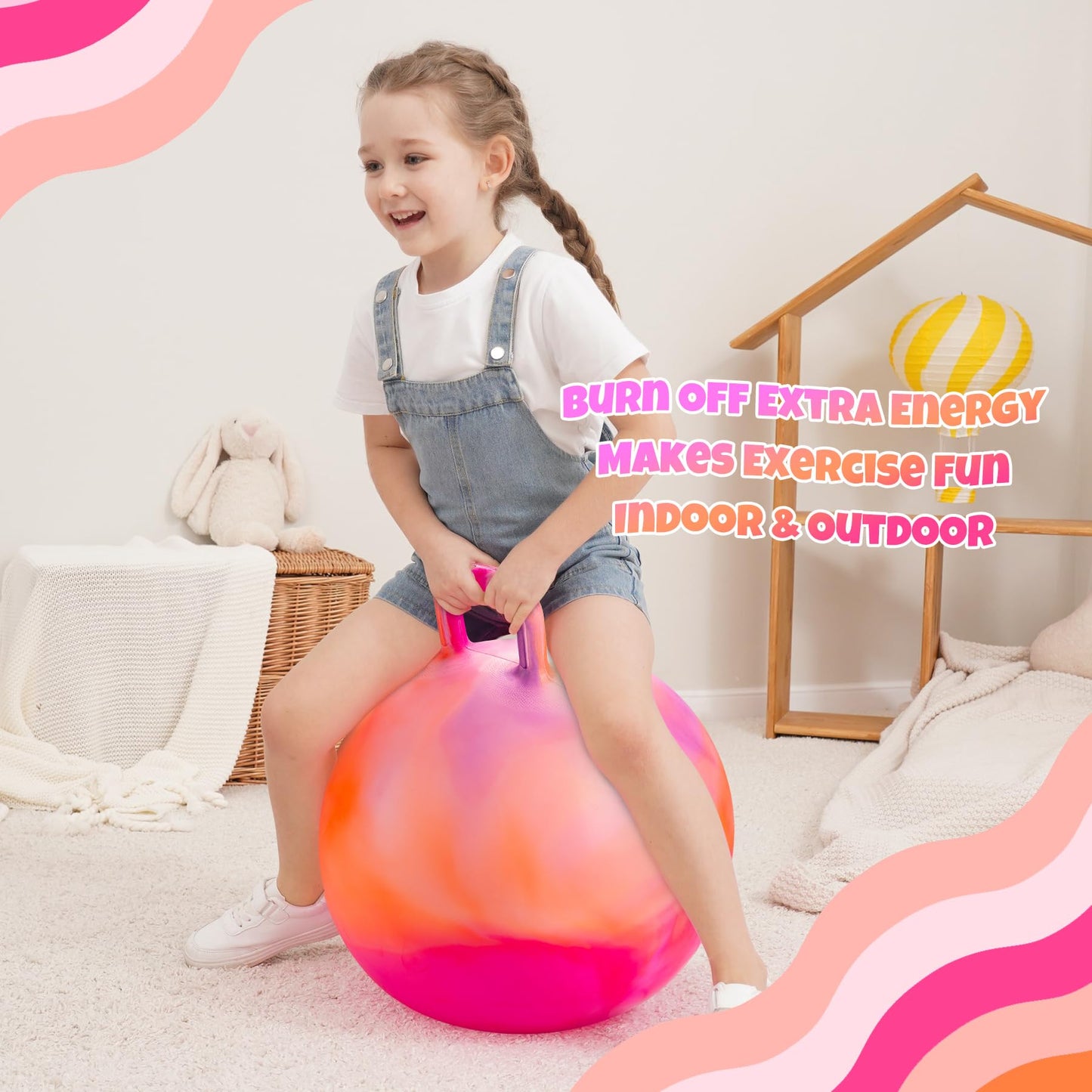 ZOOJOY Hopper Ball for Kids, 18In Bouncy Ball with Handle, Inflatable Orange Clouds Girls Toys for Indoor Outdoor Active Play Hopping Ball, Balance Hopping Gifts for Girls Boys for 3-8 Yr