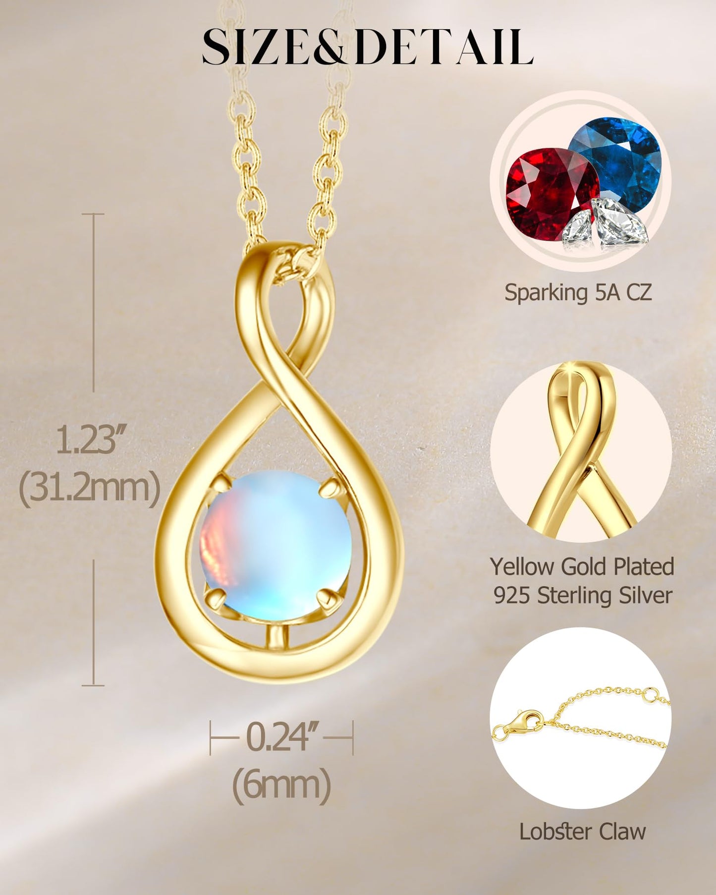 FANCIME Moonstone Necklace June Birthstone Necklace for Women Yellow Gold Plated Sterling Silver Infinity Pendant Fine Jewelry Mothers Day Birthday Christmas for Her Women