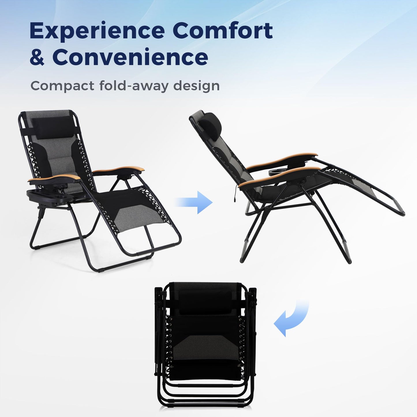 MAISON ARTS Oversized XXL Padded Zero Gravity Chair, 30" Wide Seat Foldable Patio Recliner, Anti Gravity Outdoor Lawn Chair with Cup Holder & Pillow, Supports 400lbs, Black & Grey
