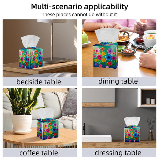Watercolor Floral Tissue Box Cover Square Leather Tissue Case Holder Facial Paper Organizer Decorative for Tabletop Night Stands Desk Bathroom Kitchen Car Office Home Decor