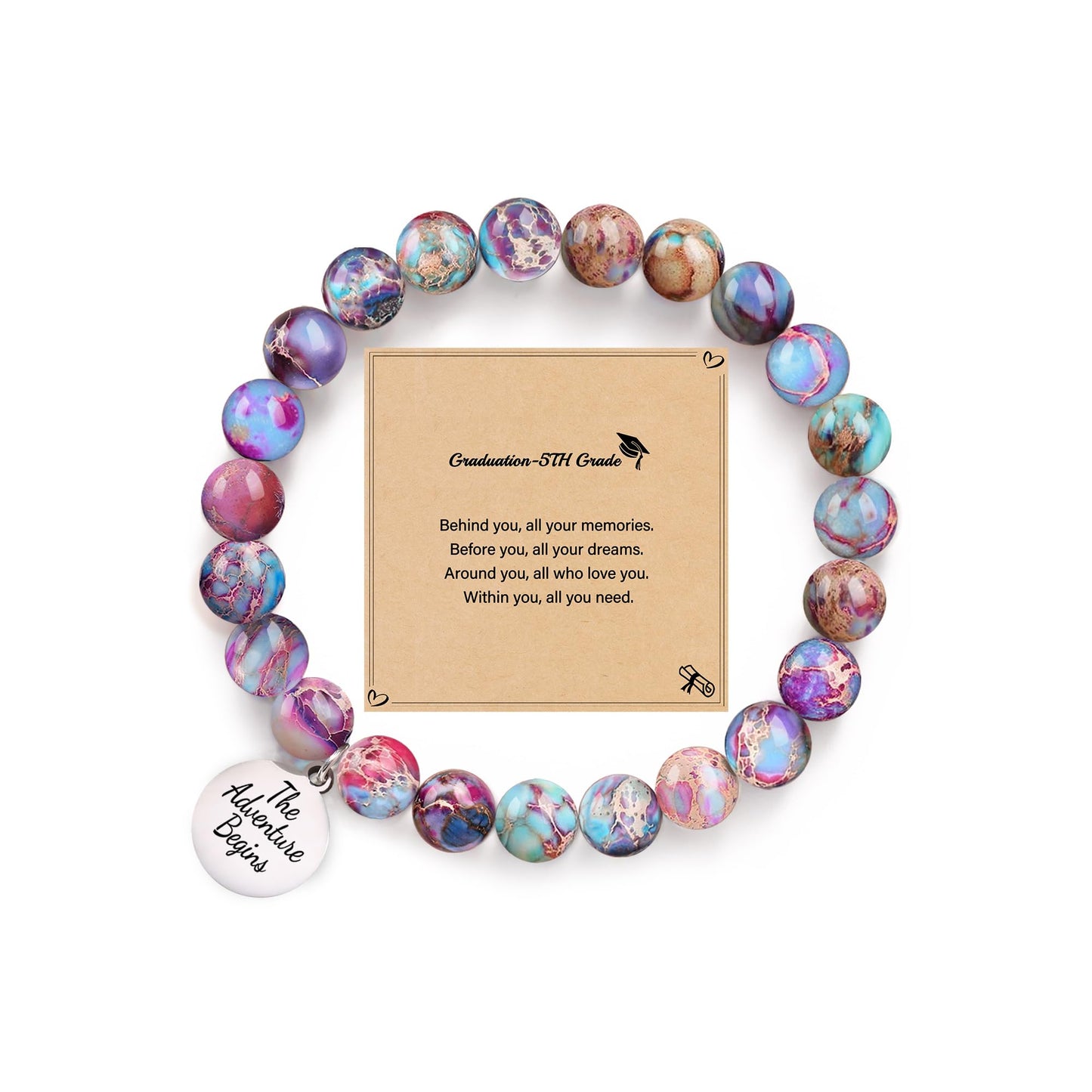 Sistble 5th Grade Graduation Gifts Cute Beaded Bracelets Inspirational Gifts for Women Friends The Adventure Begins Engraved Nature Stone Bead Graduation Jewelry for Teen Girls