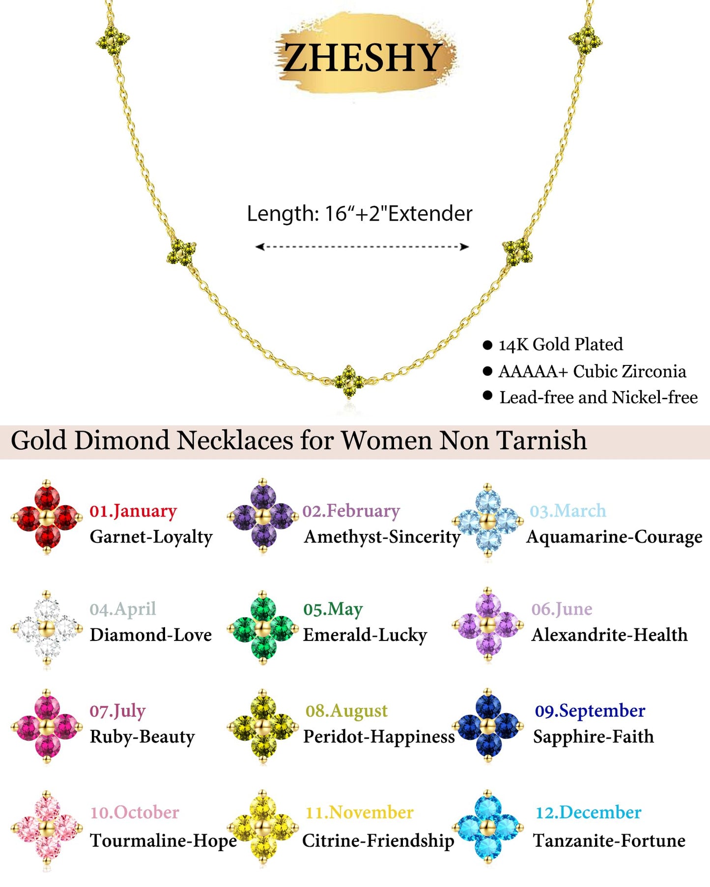 ZHESHY Birthstone Gold Necklace for Women Dainty Non Tarnish 14K Gold Plated Diamond Choker Necklaces Clover Cubic Zirconia Station Necklace Gold Jewelry Gifts